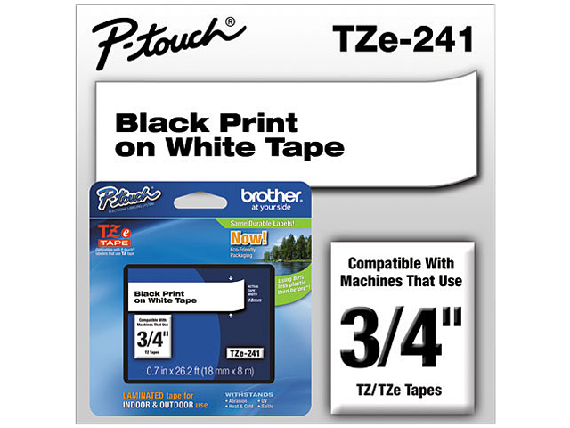 Brother P Touch TZE241 TZe Standard Adhesive Laminated Labeling Tape, 3/4w, Black on White