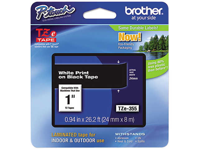 Brother P Touch TZ Series Lettering Tape, 1"w, White on Black 
