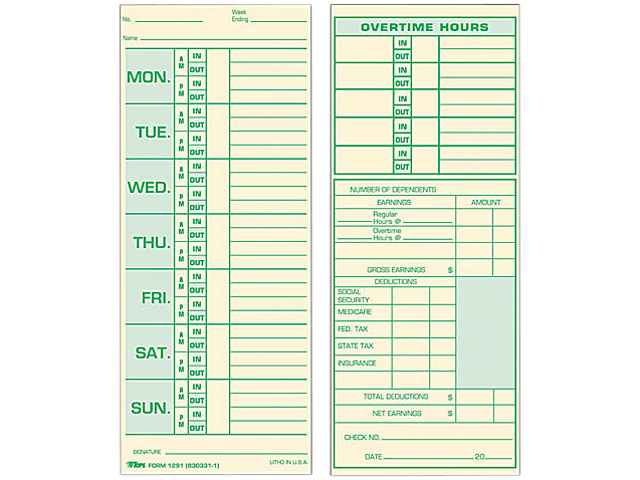 Tops 1291 Time Card for Pyramid Model 331 10, Weekly, Two Sided, 3 1/2 x 8 1/2, 500/Box