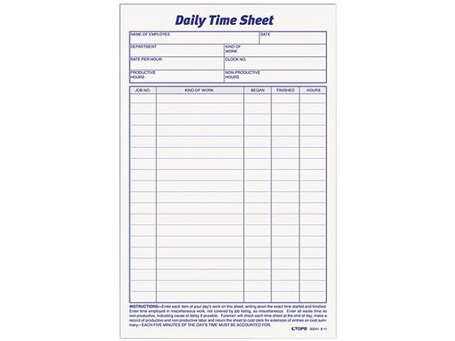 Tops 30041 Daily Time and Job Sheets, 6 x 9 1/2, 100/Pad, 2/Pack