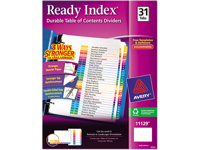 Index Dividers,T/Contents,1 31 Tab,3HP,8 1/2"x11",1/ST,Multi AVE11129