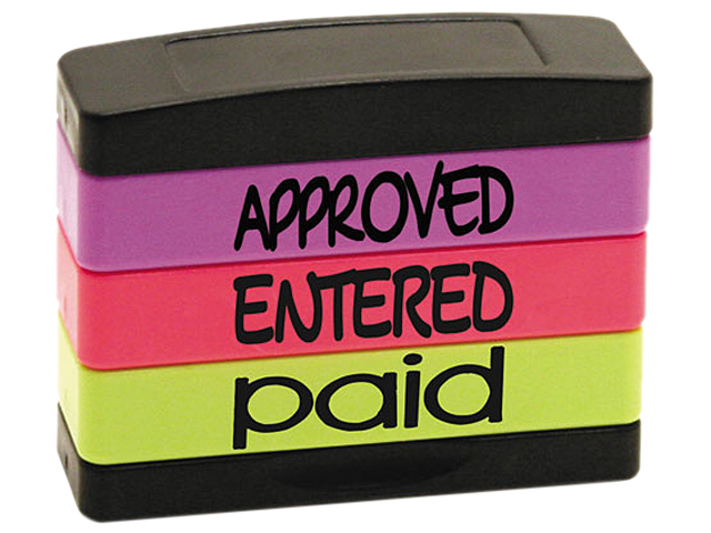 U.S. Stamp & Sign 8802 Stack Stamp, APPROVED, ENTERED, PAID, 1 13/16 x 5/8, Assorted Fluorescent Ink