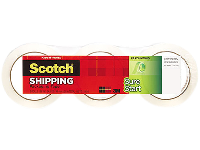 Scotch 3450 3 Sure Start Packaging Tape, 1.88" x 54.6 yards, 3" Core, Clear, 3/Pack