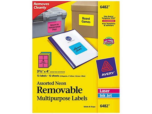 Laser/Inkjet Labels, Remvbl, 6UP, 3 1/2"x4", 72/PK, NE/AST AVE6482