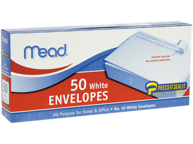 Mead 75024 Press it Seal it Business Envelope, 4 1/8 x 9 1/2, 20 lb, White, 50/Box