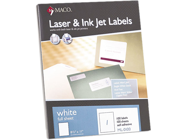 Maco ML0100 White All Purpose Labels, 8 1/2 x 11, 100/Box