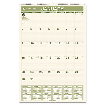 AT A GLANCE PM3G28 Recycled Monthly Wall Calendar, 15 1/2" x 22 3/4"