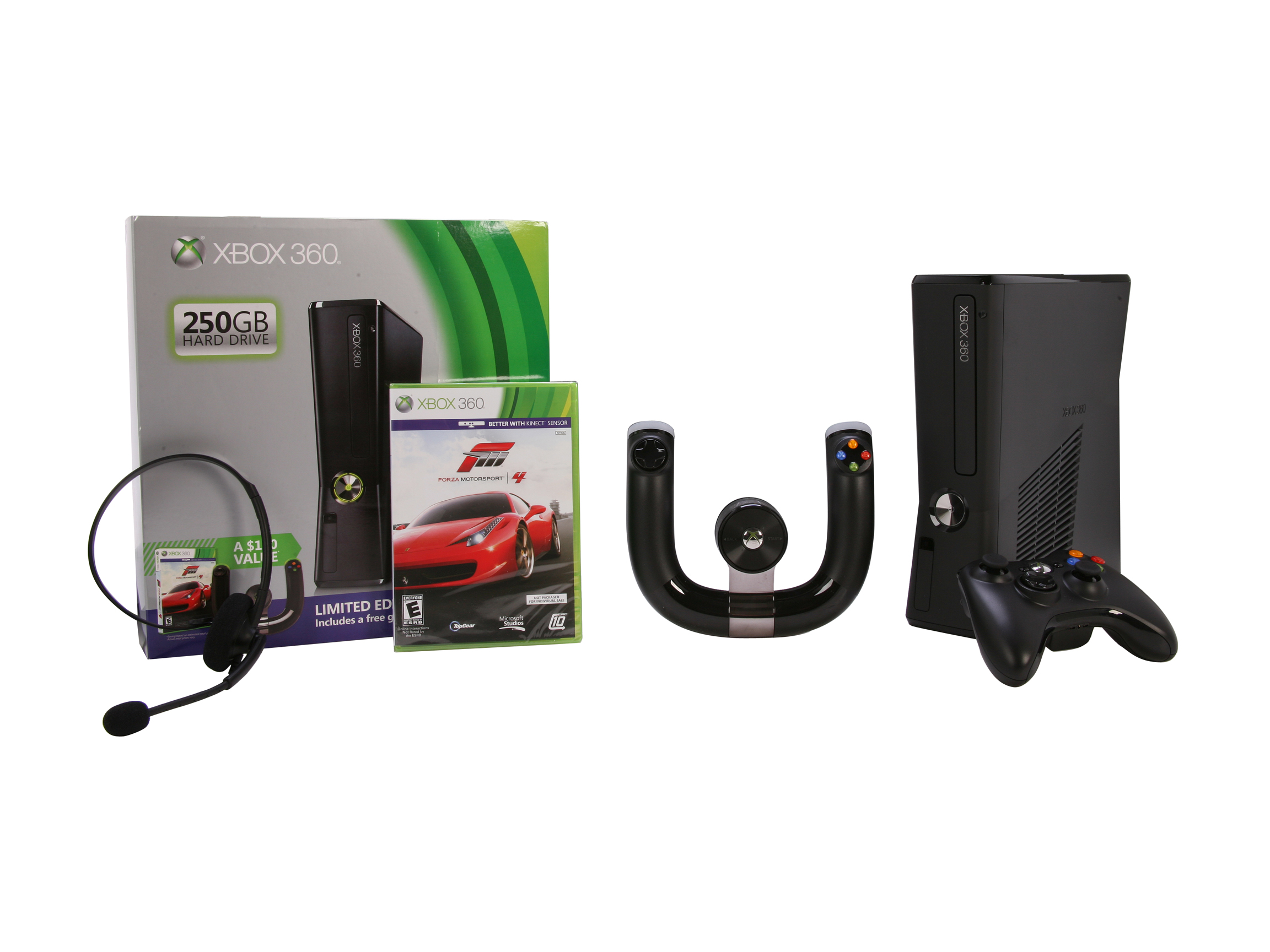 Microsoft XBOX 360 Racing bundle w/Forza 4 & Wireless Speed Wheel 250 GB Hard Drive Black  Xbox 360 Consoles