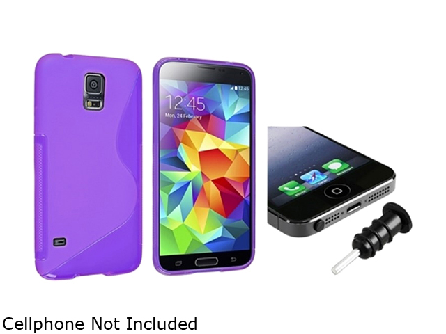 Insten Clear Purple S Shape TPU Rubber Case + Black Headset Dust Cap for Samsung Galaxy S5 SV 1793891