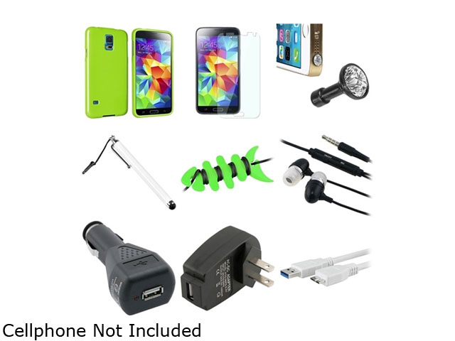 Insten Green Jelly TPU Rubber Case + Screen Shield + Micro 3.0 USB Cable + Stylus + Headset + Charger adapter set for Samsung Galaxy S5 / SV1842008