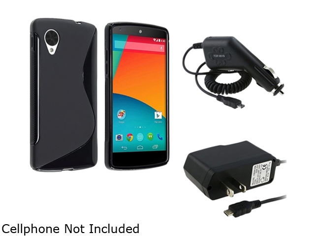 Insten Black S Shape TPU Rubber Case with Travel / Wall Charger AND Car Charger Compatible with LG Nexus 5 E980 1593935