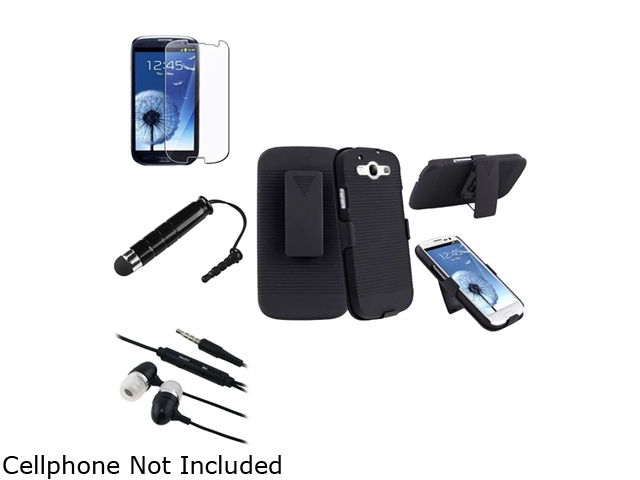 Insten Black In Ear Headset w/ On off & Mic + Black Holster w/ Stand + Screen Protector Bundle Compatible With Samsung Galaxy SIII / S3