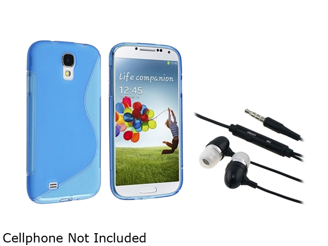Insten Blue S Line TPU Gel Skin Case Cover + Black Headphone Compatible with Samsung Galaxy S4 i9500