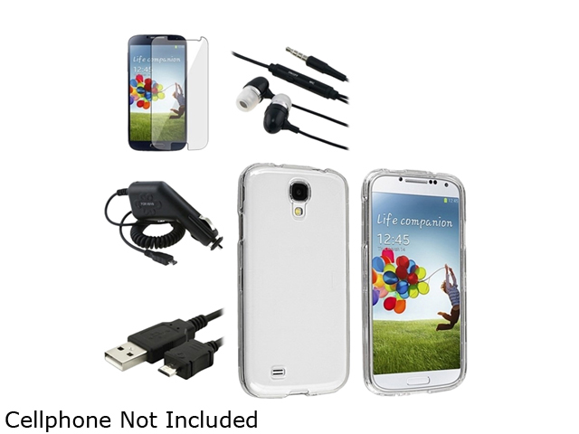 Insten Clear Hard Case + Clear Screen Protector + Charger + Cord + Black Headset Compatible with Samsung Galaxy S4 i9500