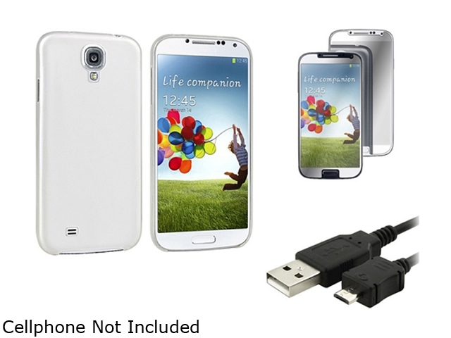 Insten Clear White Hard Case + Mirror LCD Protector + Cable Compatible with Samsung Galaxy SIV S4 i9500