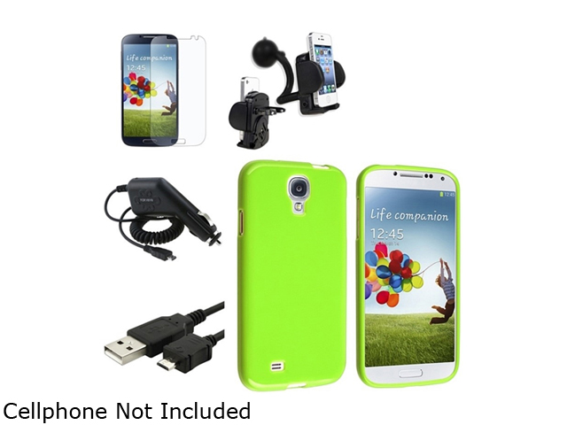 Insten Green TPU Case + Matte Film + USB Cable + Car Charger + Holder Compatible with Samsung Galaxy S4 SIV i9500