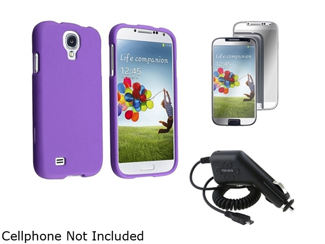 Insten Purple Rubber Hard Case + Car Charger + Mirror Guard Compatible with Samsung Galaxy SIV S4 i9500