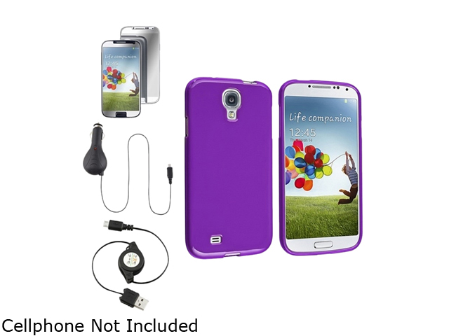 Insten Purple TPU Skin Case + Car Charger + USB Cable + Mirror Screen Protector Compatible with Samsung Galaxy SIV S4 i9500