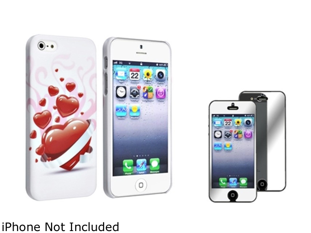 Insten White Red Heart Rubber Coated Case + Mirror Screen Protector Compatible With Apple iPhone 5 / 5s 831731