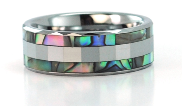 8mm wide faceted tungsten carbide ring with mother of pearl inlays