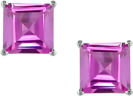 10k White Gold 2 1/2 Carat Princess Cut Created Pink Sapphire Solitaire Earrings