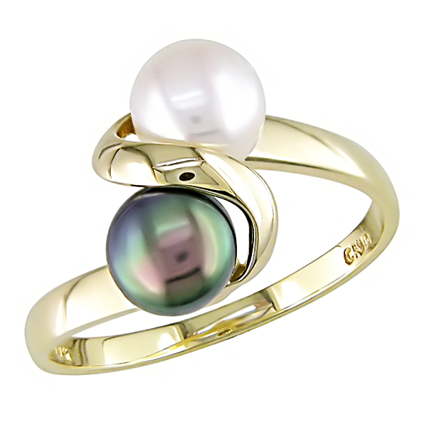 10K Yellow Gold Black and 5 6mm White Cultured Freshwater Pearl Ring