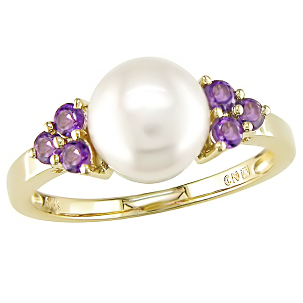 10K Yellow Gold Freshwater Cultured Pearl (8 8.5mm) and Amethyst Ring