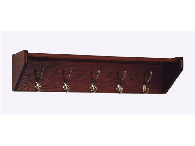 Wooden Mallet Hat and Coat Flared Top Display Rack  33" Wall Mount  5 Nickel Hook Shelf Mahogany