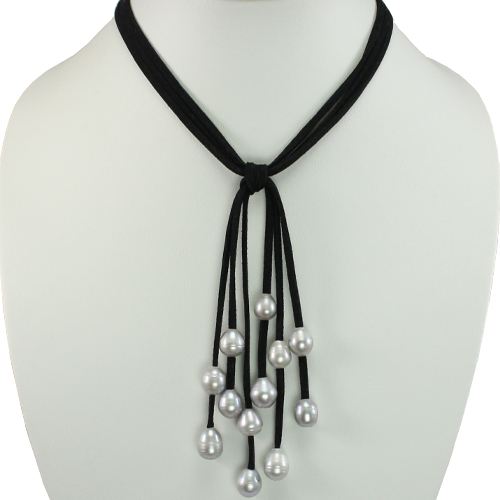 Black Triple Strand Cascading Dyed Gray 9 10mm Cultured Pearls Suede Necklace