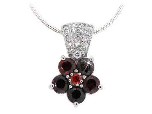 Sterling Silver Simulated Diamond CZ and Red Cubic Zirconia Pave Flower Pendant