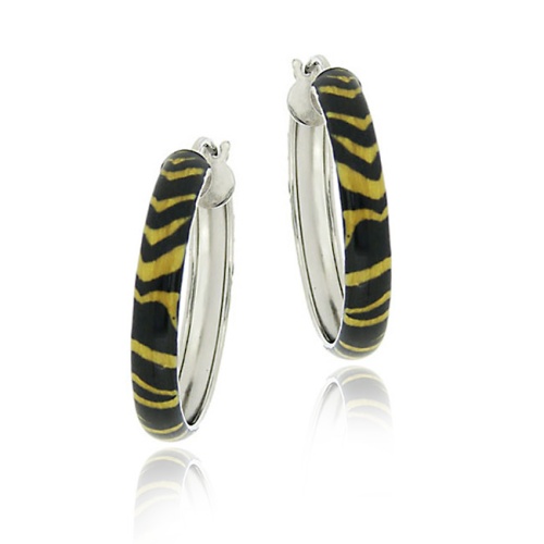 Sterling Silver Enamel Tiger Pattern 25mm Hoop Earrings