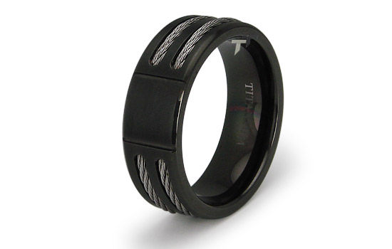 Double Cable Black Titanium Ring with Grooving