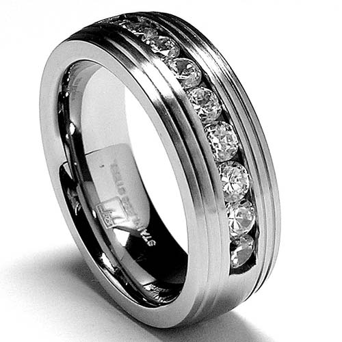 8MM Matte Finish Stainless Steel Ring Wedding Band with CZ