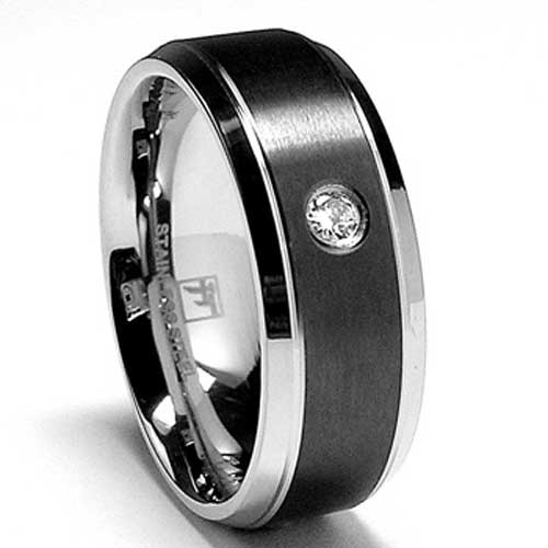 8MM Black Stainless Steel Ring Wedding Band with CZ