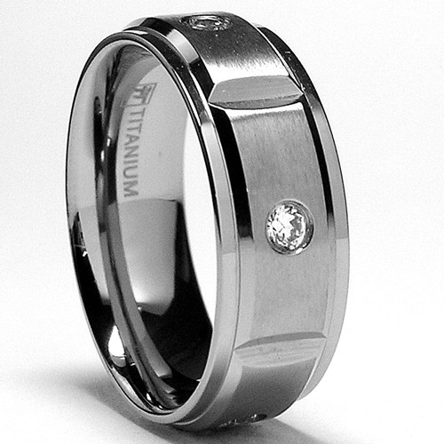 8MM Grooved Titanium Ring Wedding Band with 5 Cubic Zirconia