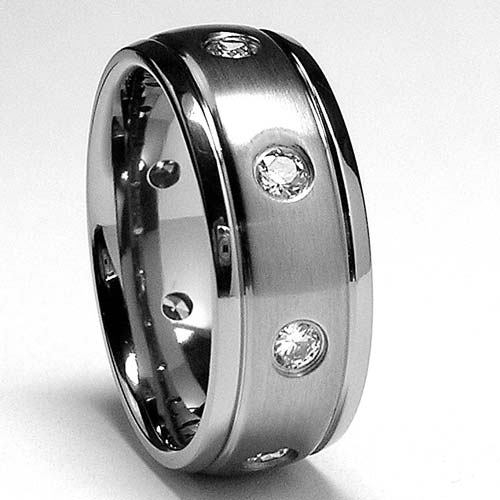 Matte Finish Eternity Titanium ring wedding band with Cubic Zirconia