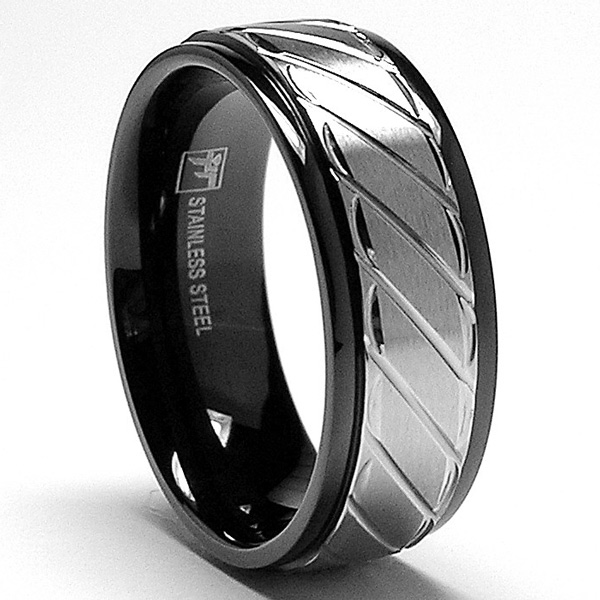 8MM Two Tone Stainless Steel Black Ring with Crystal Cut Grooves