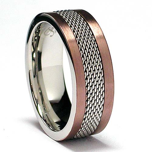 8MM Chocolate Stainless Steel Ring with Mesh Inlay