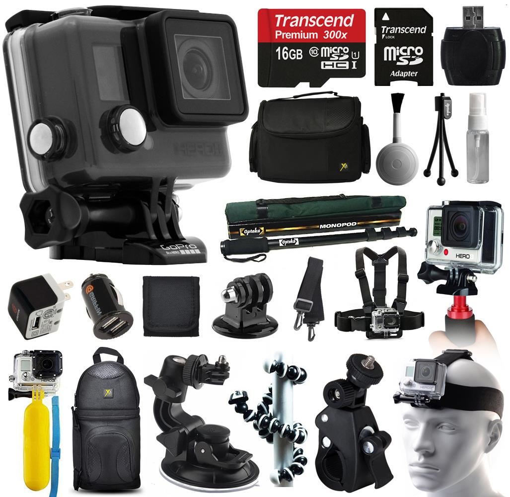 GoPro HERO+ LCD Camera Camcorder (CHDHB 101) with Must Have Accessory Kit includes 16GB Card + Case + Selfie Stick + Car/Wall Charger + Head/Chest Strap + Stabilizer Handle + Backpack + More