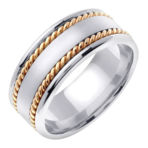 14K Two Tone Gold Comfort Fit Flat Surface Braided Men'S 8 Mm Wedding Band