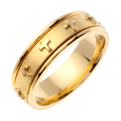 14K Yellow Gold Comfort Fit Flat Surface Christian Men'S Wedding Band