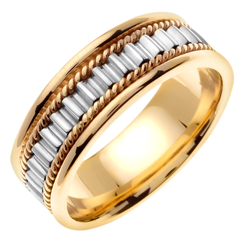 14K Two Tone Gold Comfort Fit Multi Cylinders Braided Men'S 7 Mm Wedding Band