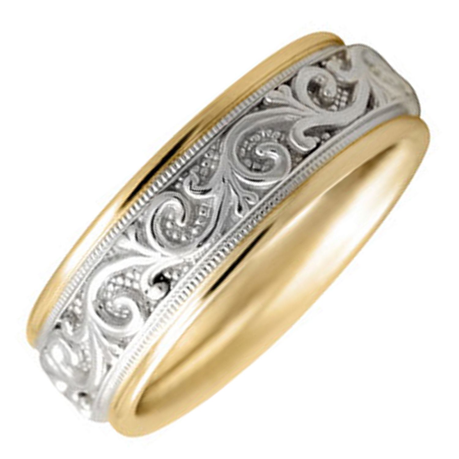 18K White Gold Mens Floral Paisley Wedding Band (7mm)