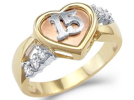 Solid 14k Yellow Gold 15 Birthday Quinceanera Heart CZ Cubic Zirconia Ring