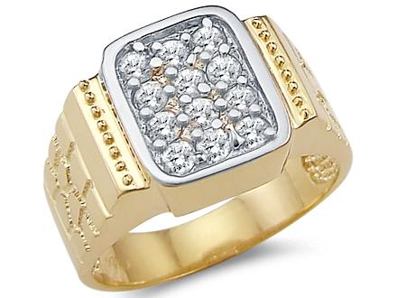 Solid 14k Yellow Gold Large Mens Nugget CZ Cubic Zirconia Band Ring