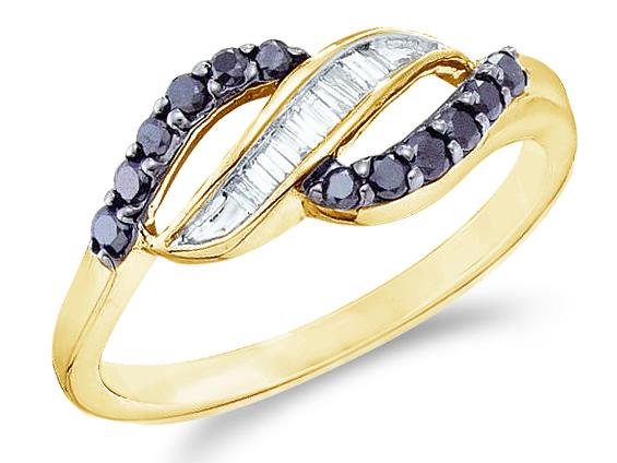 14k Yellow Gold Black and White Diamond Channel Set Cross Over Round Cut & Baguette Ladies Diamond Fashion Anniversary Ring Band 7mm (1/3 cttw, H Color, I1 Clarity)