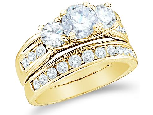 14k Yellow Gold Diamond Ladies Engagement Ring Wedding Band Two 2 Ring Set Three 3 Stone Side Stones Large Round Cut Diamond Ring  (2.50 cttw, 3/4 ct Center, G   H Color, SI2 Clarity) 