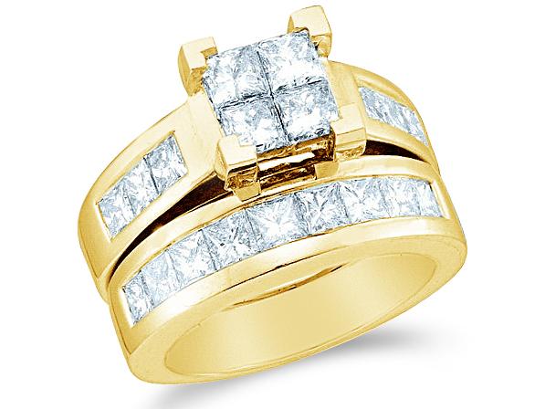 14k Yellow Gold Diamond Ladies Engagement Ring Wedding Band Two 2 Ring Set Solitaire Style Center Setting Side Stones Large Princess Cut Diamond Ring  (3.0 cttw, G   H Color, SI2 Clarity)