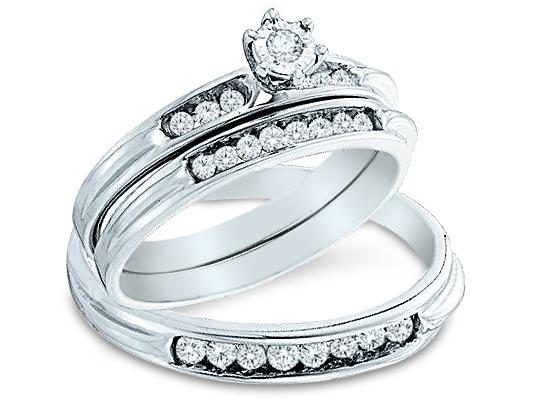 14k White Gold Trio 3 Three Ring Matching Engagement Wedding Ring Band Set   Round Diamonds   Solitaire Center Setting w/ Side Stones (2/5 cttw, H Color, I1 Clarity)