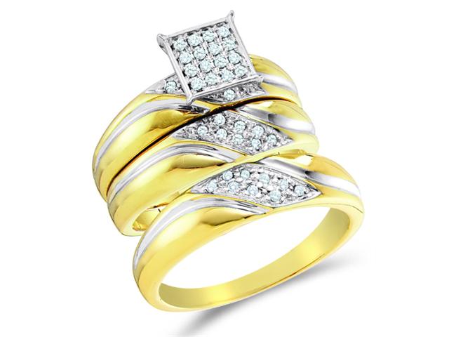 10K Two Tone Gold Diamond Trio 3 Ring His & Hers Set   Square Princess Shape Center Setting w/ Micro Pave Set Round Diamonds   (.29 cttw, G H, SI2)   SEE "OVERVIEW" TO CHOOSE BOTH SIZES